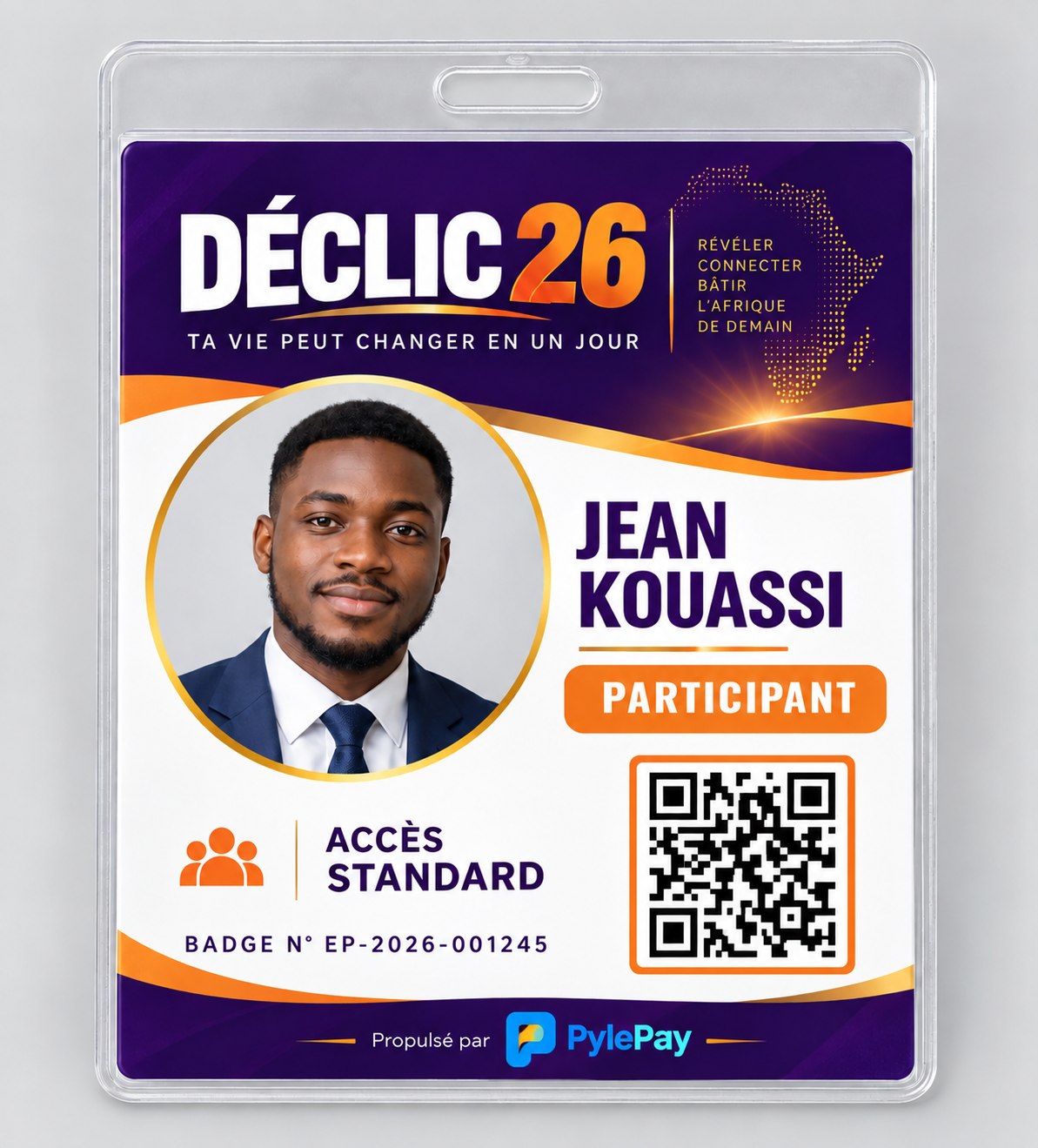 Exemple de badge PylePay 95 × 105 mm aux couleurs de l'organisateur