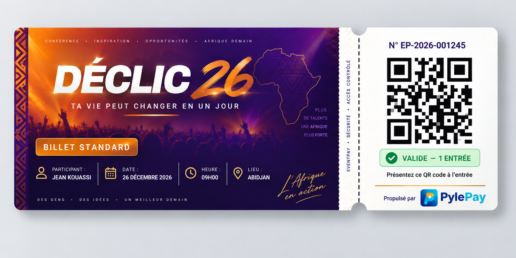 Exemple de ticket PylePay aux couleurs de l'organisateur DÉCLIC 26